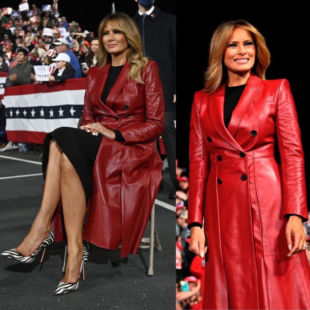В кожаном пальто Alexander McQueen: Мелания Трамп поддержала Дональда на публичном митинге