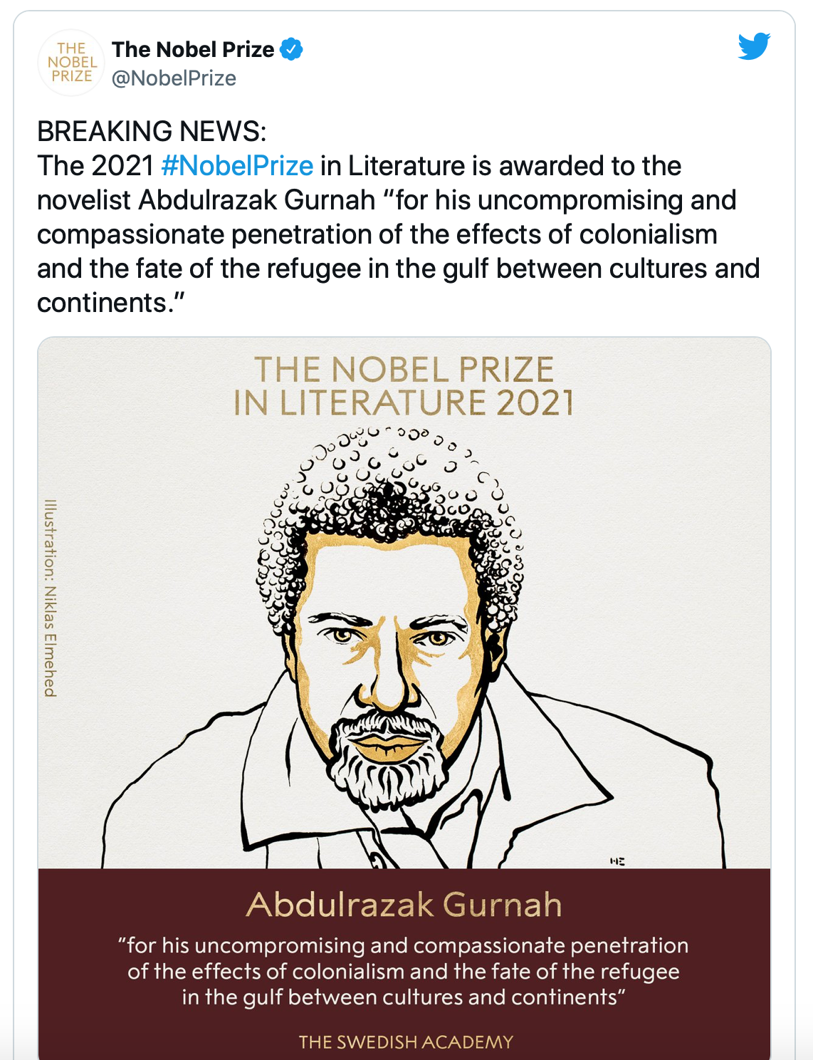 Танзанийский писатель Абдулразак Гурна получил Нобелевскую премию по литературе