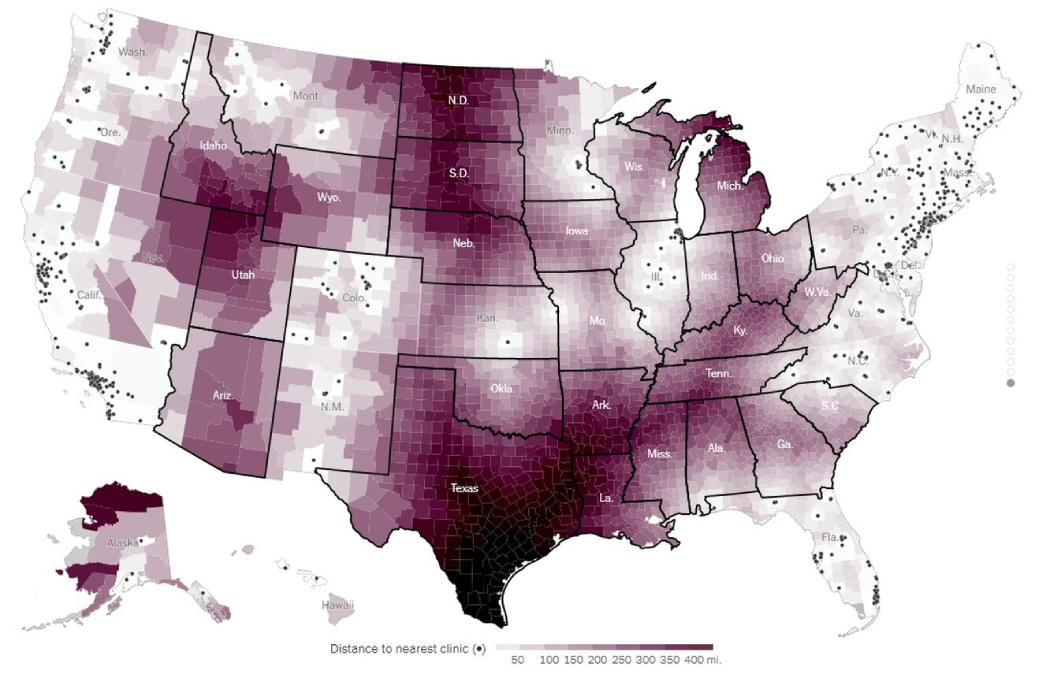 The New York Time опубликовал карту с клиниками, где можно сделать аборт в США