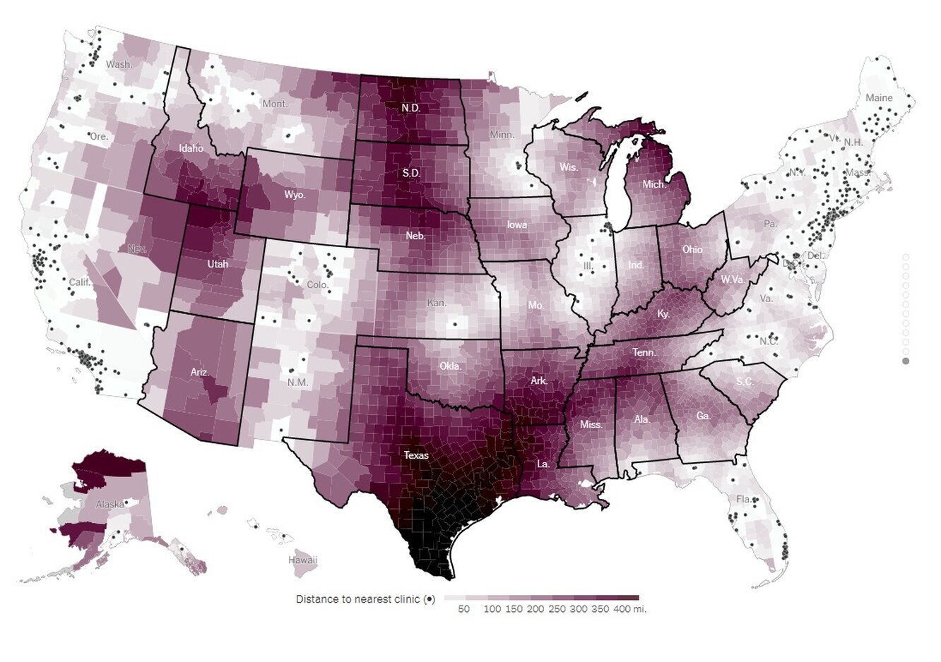 The New York Time опублікував карту з клініками, де можна зробити аборт у США